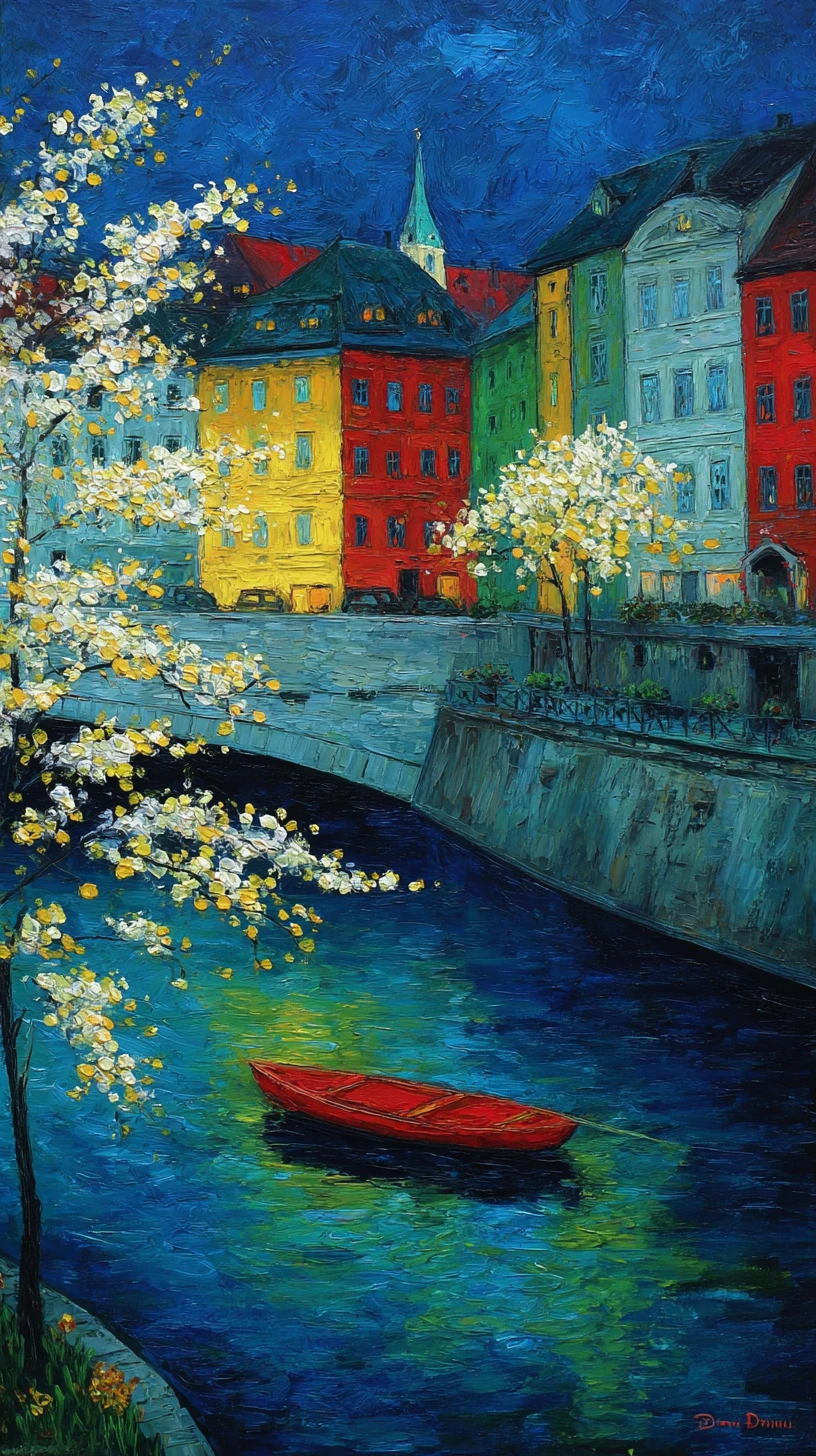Flores de cerejeira sobre uma cidade colorida à noite