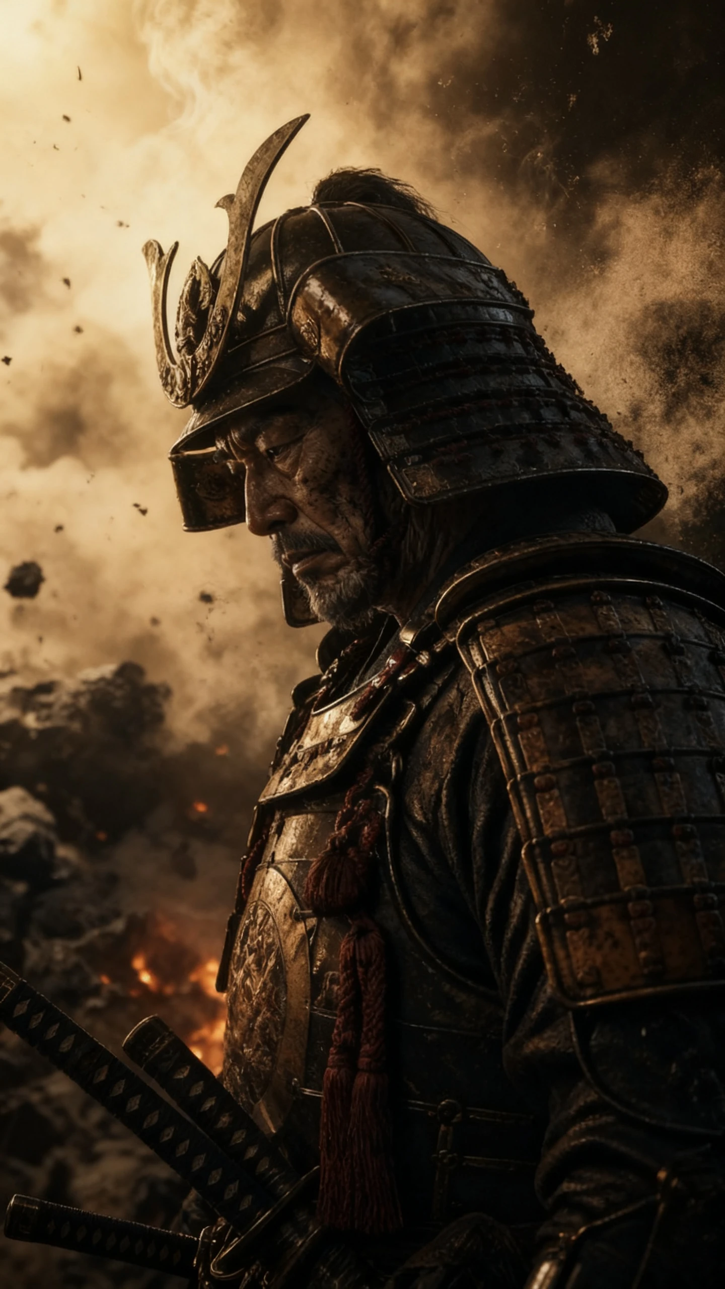Guerreiro samurai pensativo em armadura entre fumaça e brasas