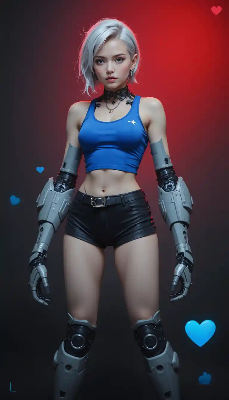 Donna cyborg con arti robotici su sfondo a sfumatura rosso scuro
