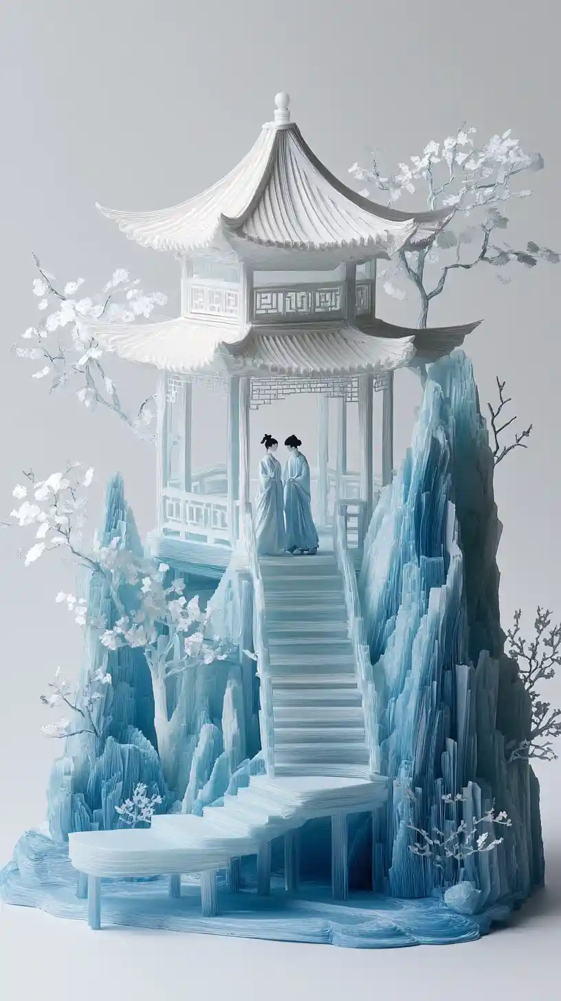 Papercraft Chinese Mountain Pavilion With Two Hanfu Figures