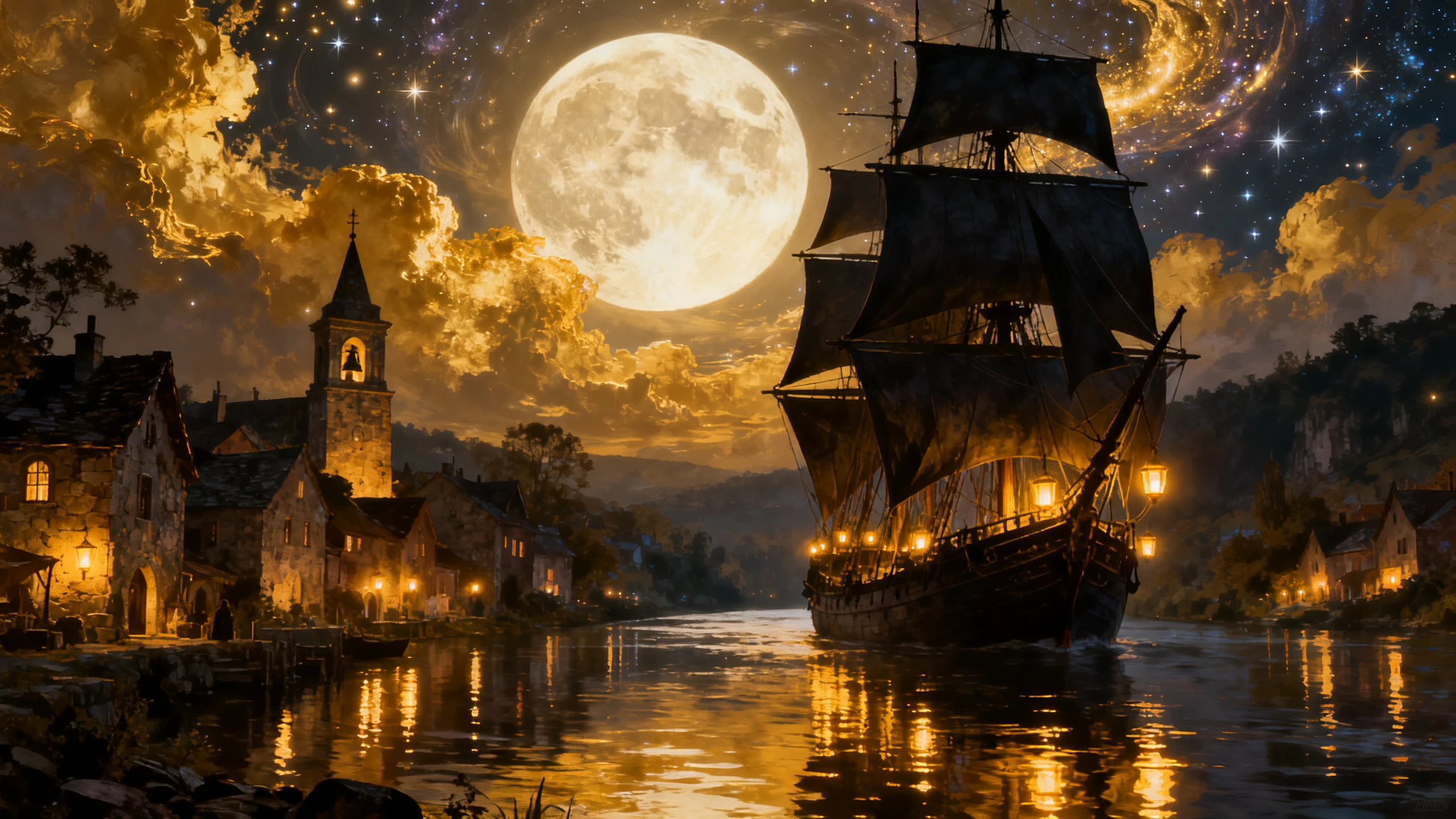 Laternenbeleuchtete Segelschiffe auf einem mondbeschienenen Fantasiefluss