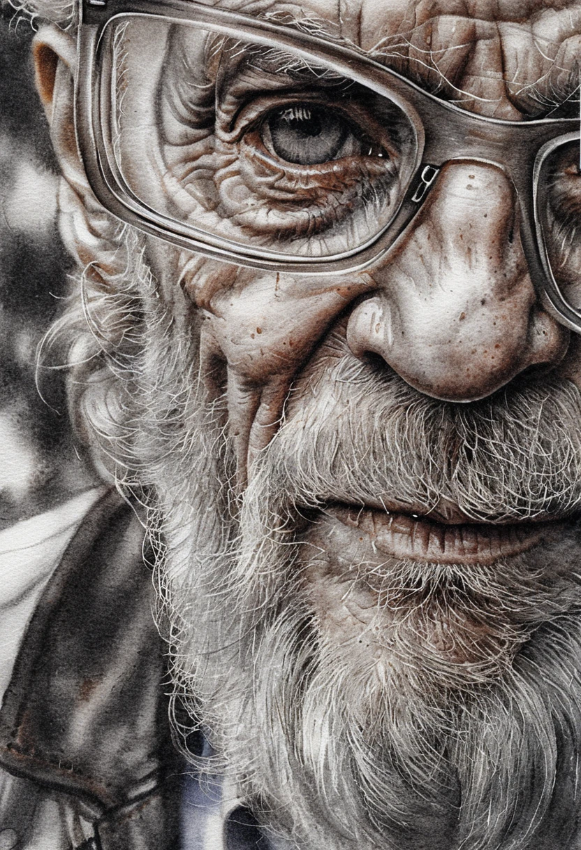 Retrato em close a lápis de um homem idoso de óculos