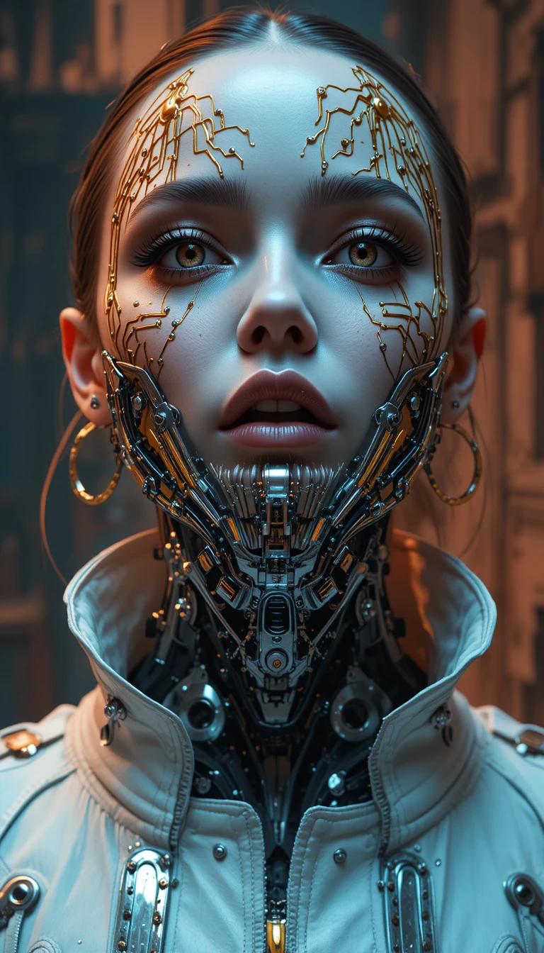 Mulher ciborgue cyberpunk com maxilar de cromo e tatuagens de circuitos