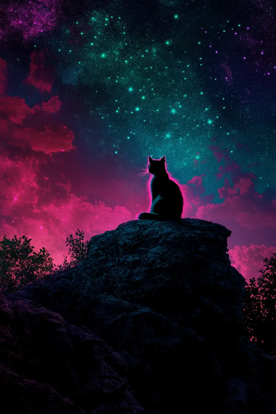 Leuchtende Katze, die auf einem Hügel zwischen Erde und Himmel ruht