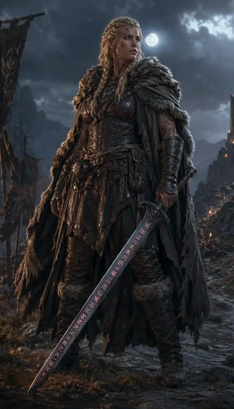 Platinum haired warrior woman in a stormy mountain pass