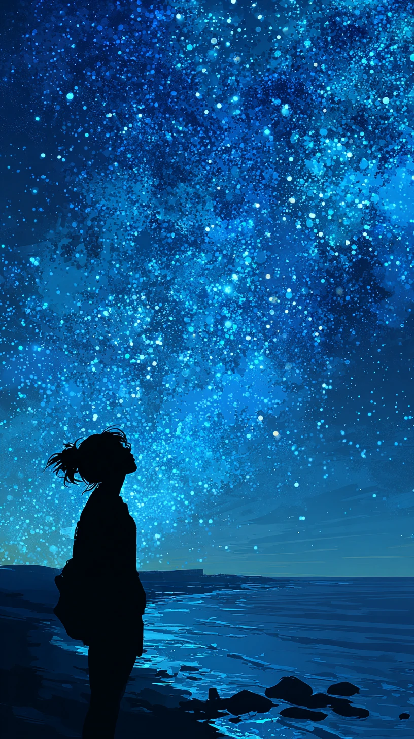 Figura em silhueta olhando para um vasto céu noturno estrelado
