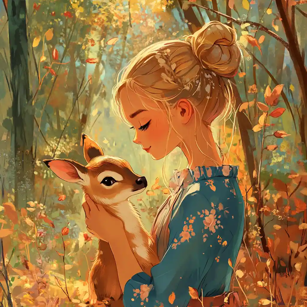 Anime girl hugging a fawn in a dreamy forest