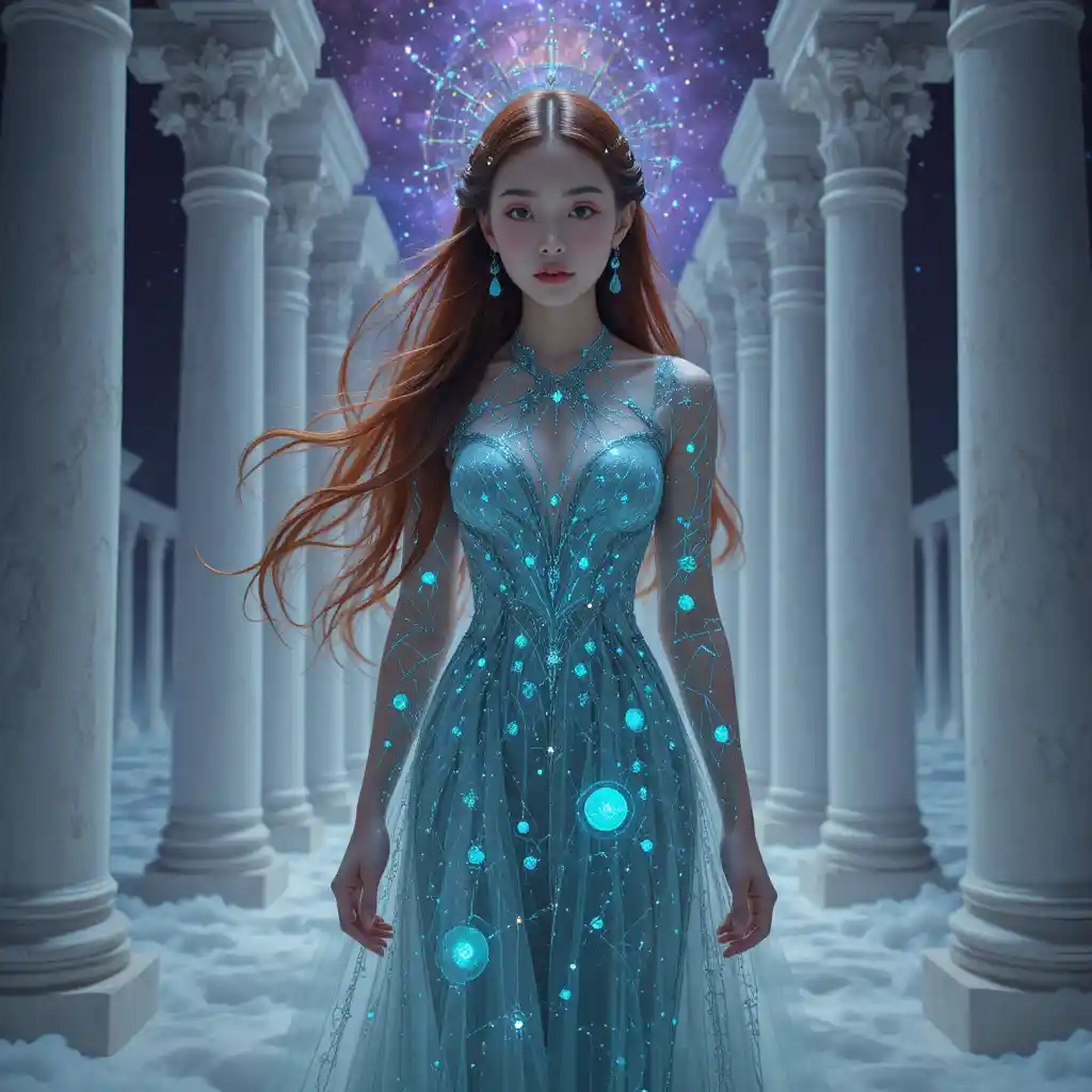 Ragazza architetta cosmica coreana che tesse costellazioni nel vuoto violetto