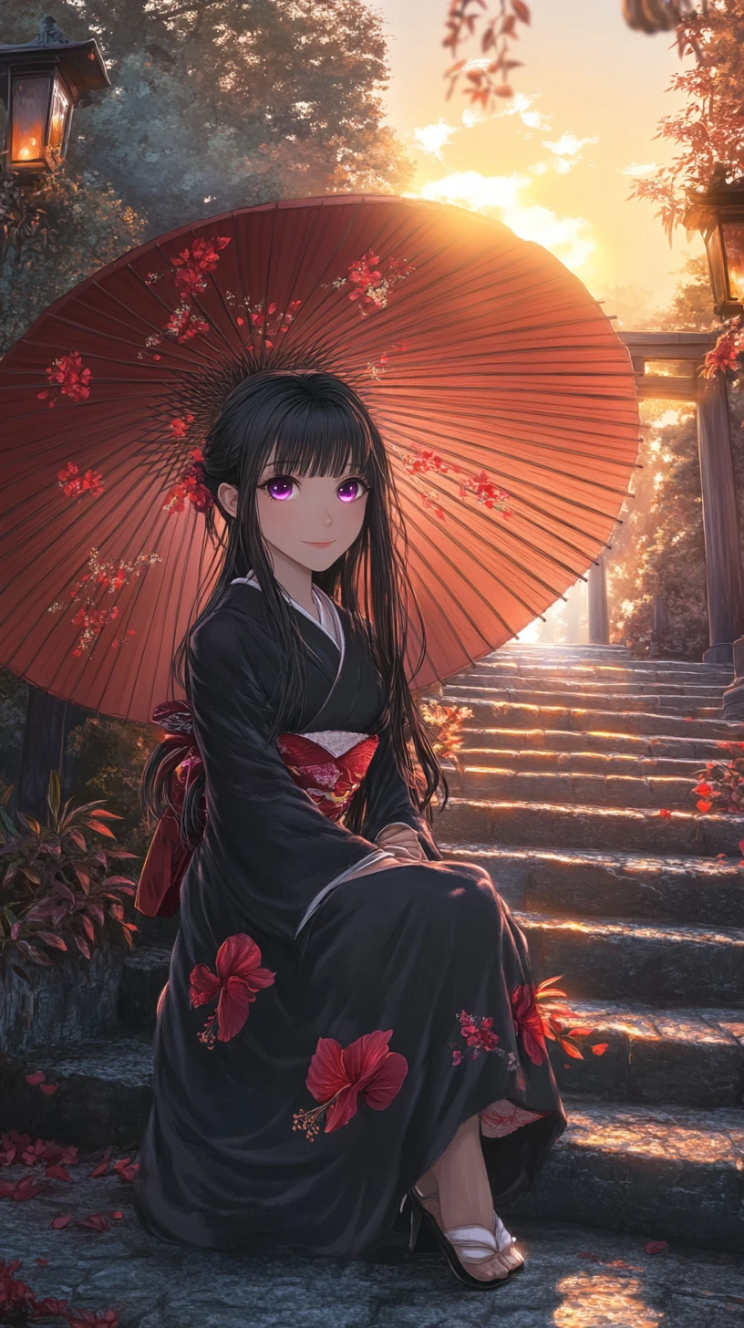 Chica de anime con kimono negro en las escaleras de piedra de un templo