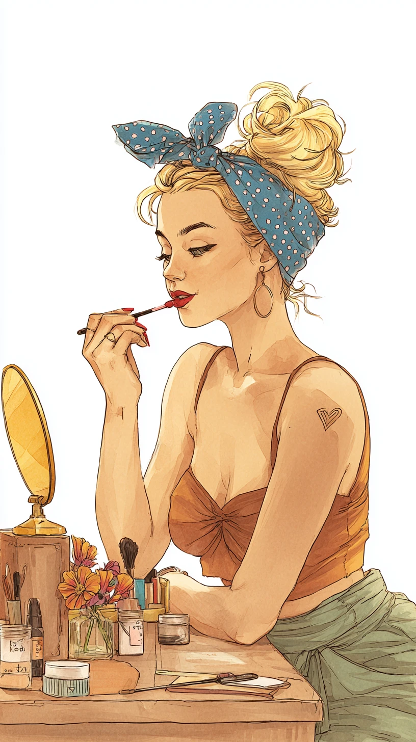 Pin-up loira passando batom em penteadeira vintage