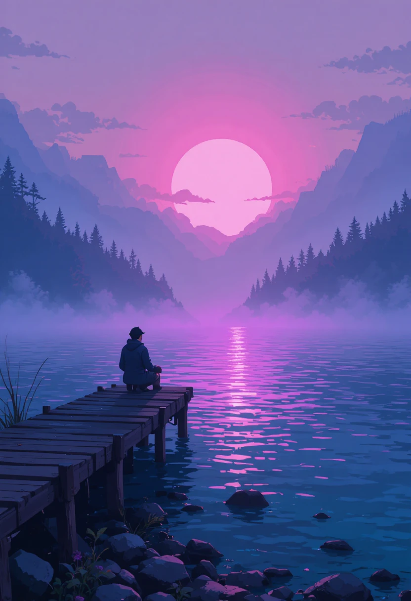 Amanhecer Nebuloso em Pixel Art Sobre um Lago Bioluminescente Brilhante