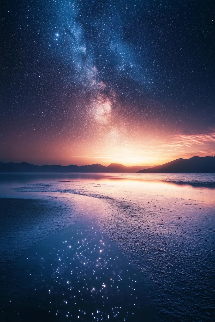 Soft twilight drifting across a vast starry sky