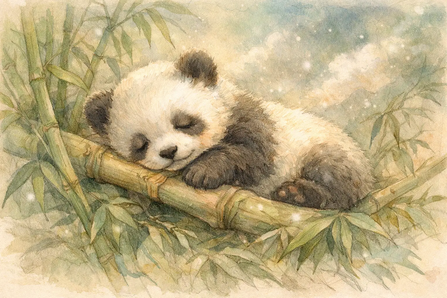 やわらかな水彩の竹林で眠るパンダの赤ちゃん