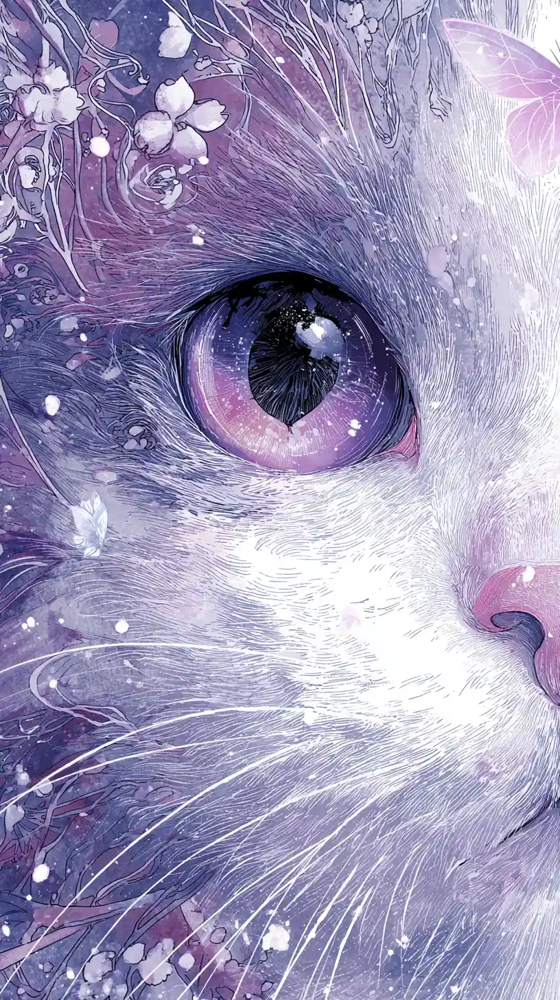 Rosto de gato fantasia em close com olhos violetas e flores