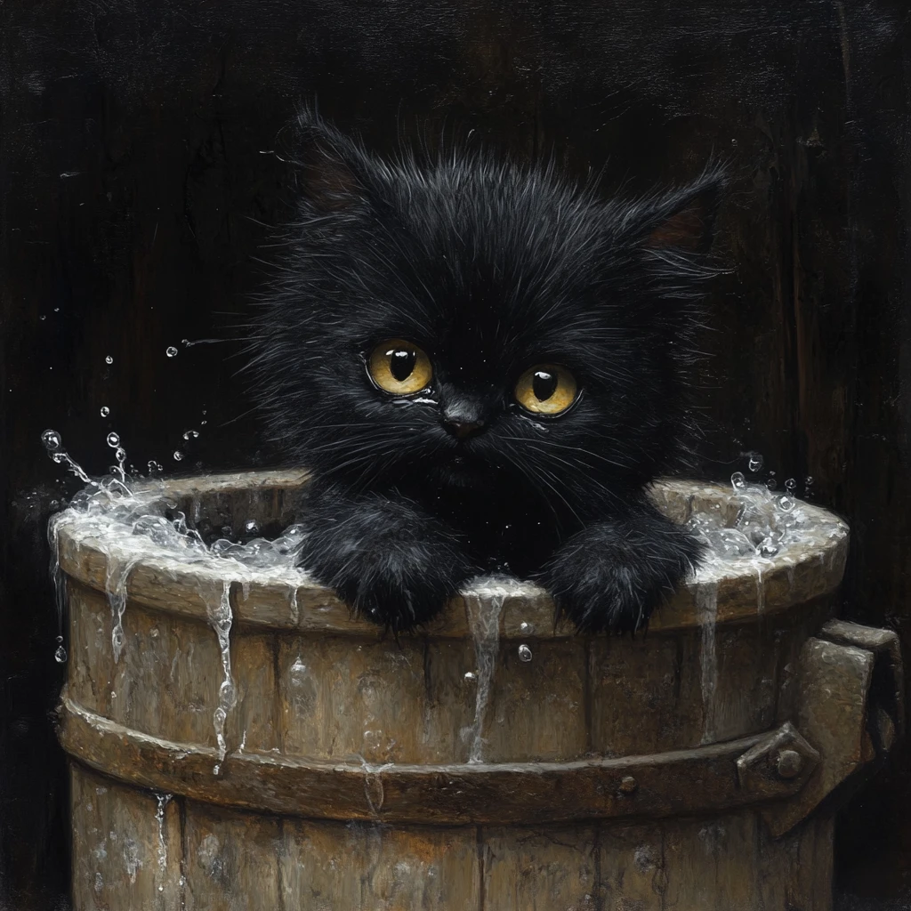 Chaton noir mouillé dans une cuve en bois au charme aquarelle magique