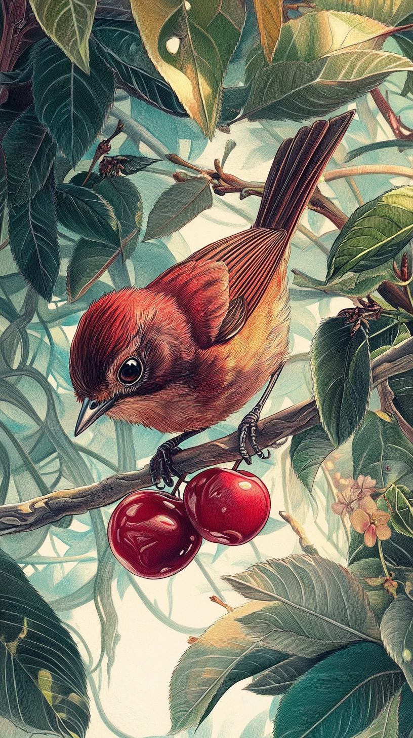 Petit oiseau atteignant une cerise mûre dans un dessin au crayon