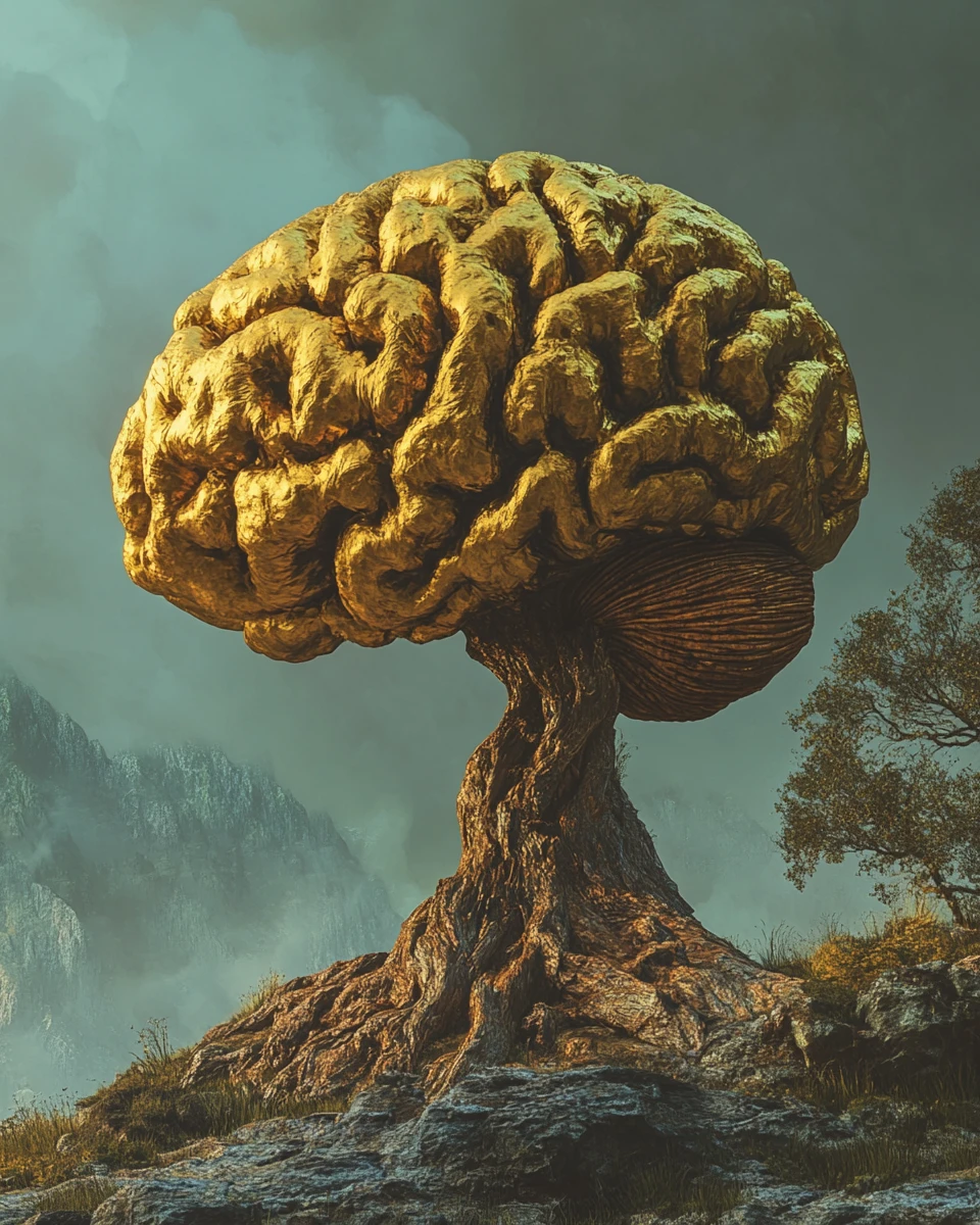 Goldenes Gehirn, das wie ein lebender Baum in einer Fantasielandschaft wächst