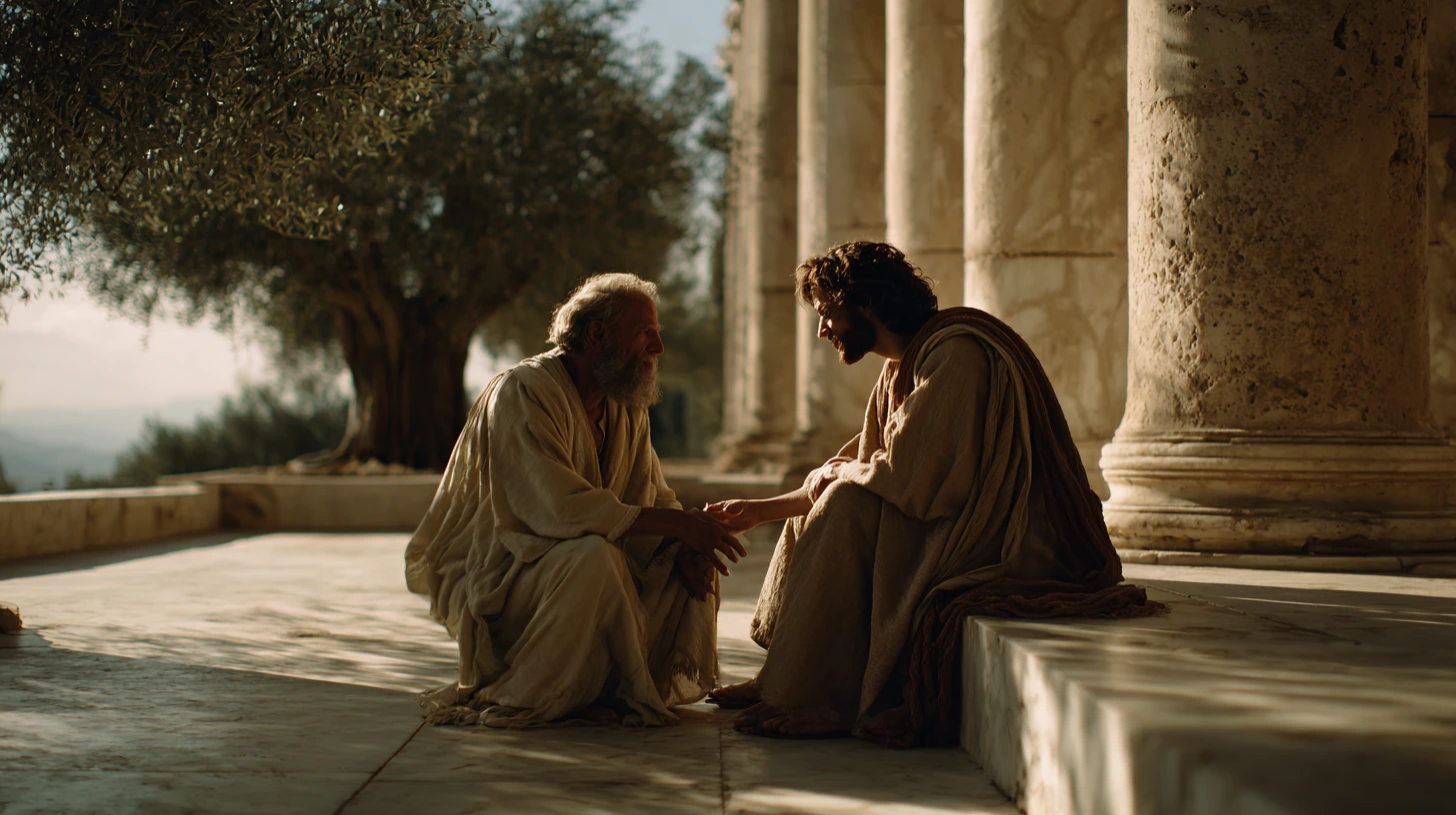 Giovane che aiuta un anziano in un grande tempio antico