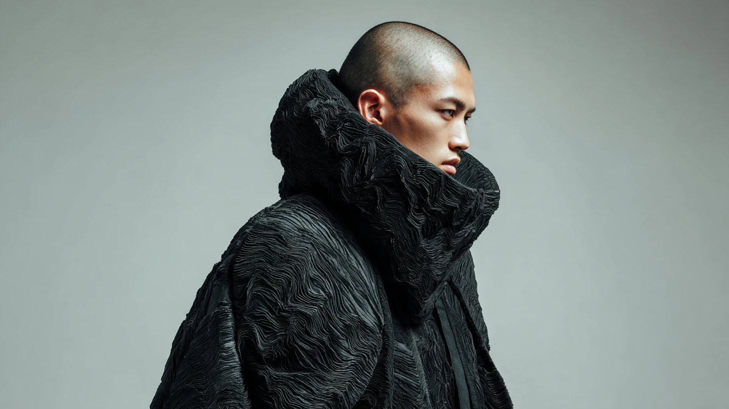 Modelo masculino futurista con chaqueta negra pálida texturizada