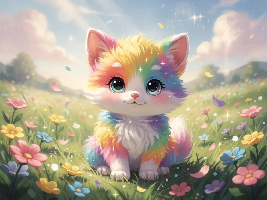 彩虹毛皮的可愛動物寶寶在花海草地上