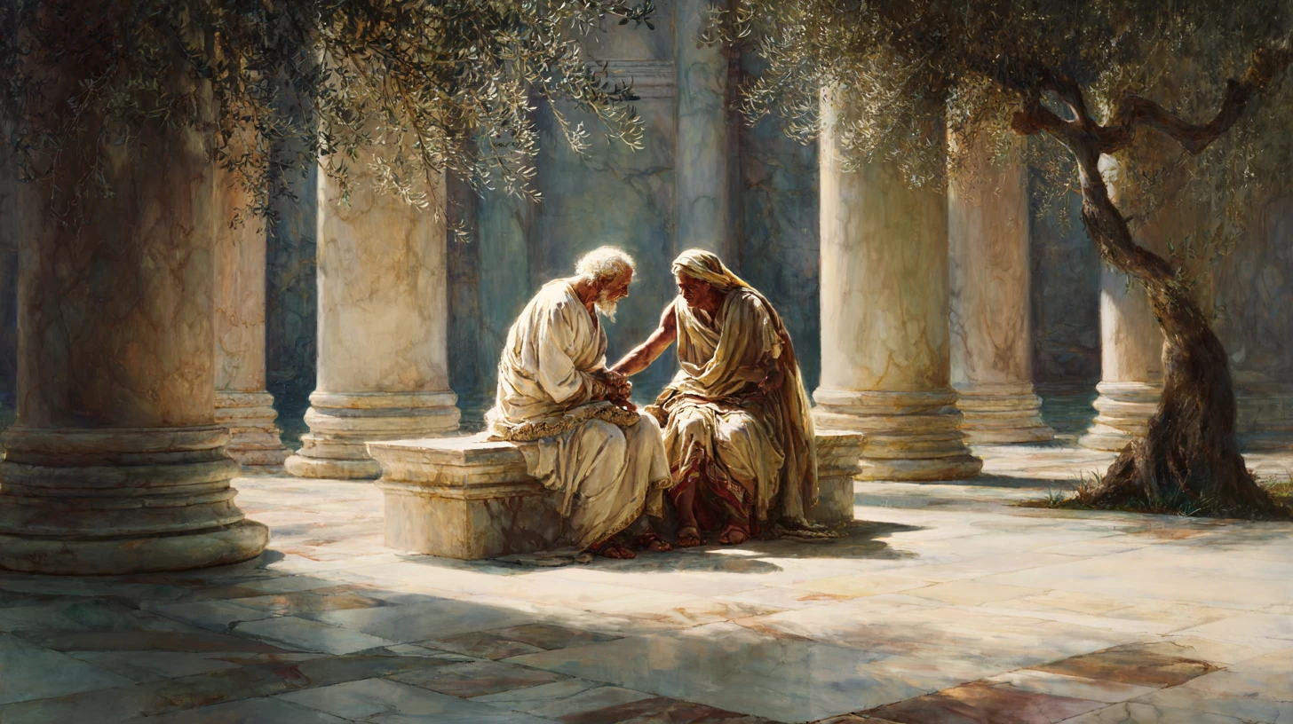 Giovane aiutante che offre supporto in un grande tempio antico