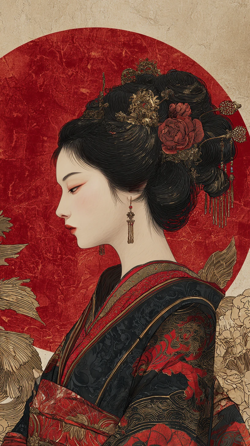 Elegante donna in kimono tradizionale con sole rosso sullo sfondo