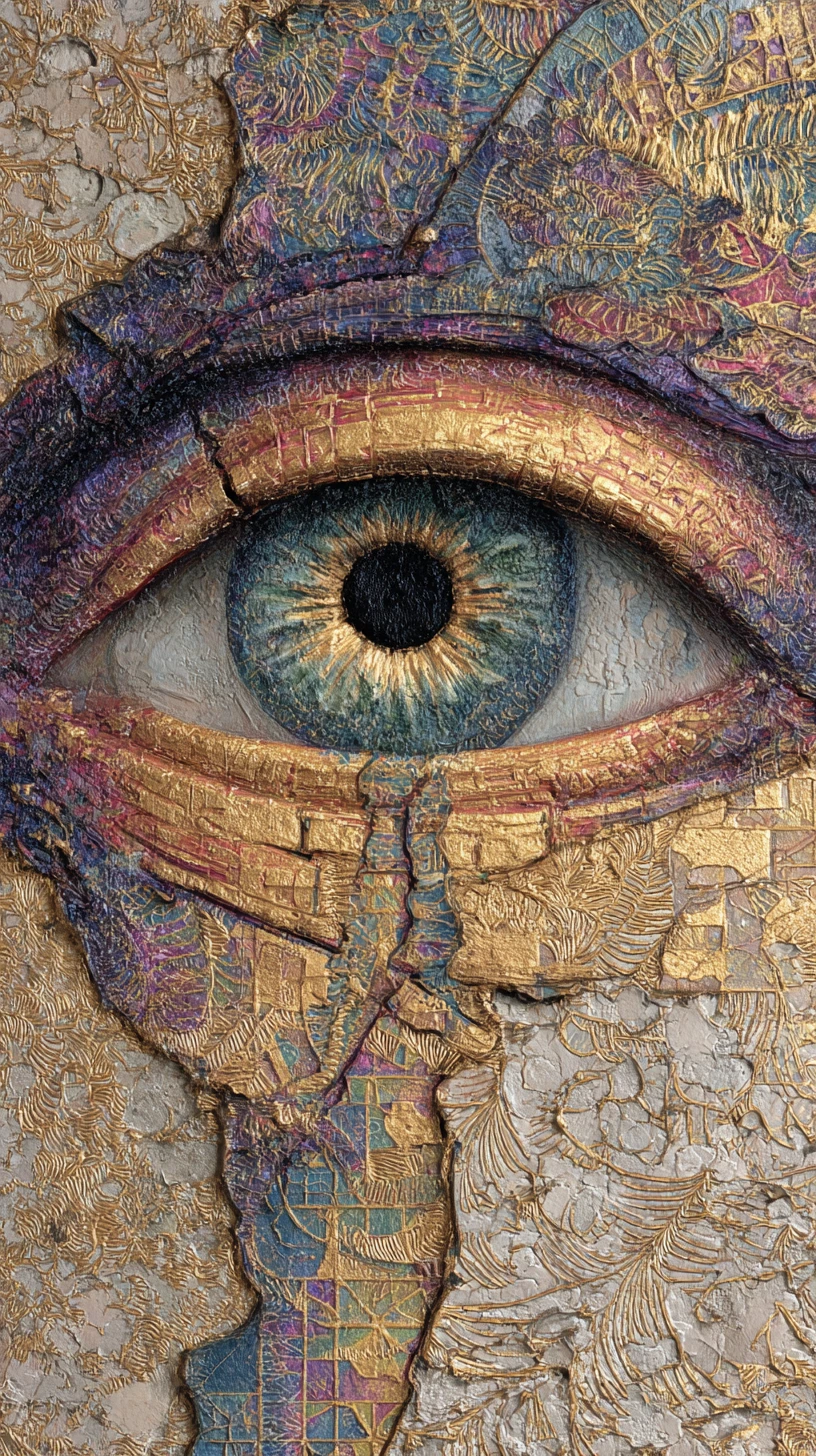 Pintura abstrata surreal de um único olho em texturas rachadas