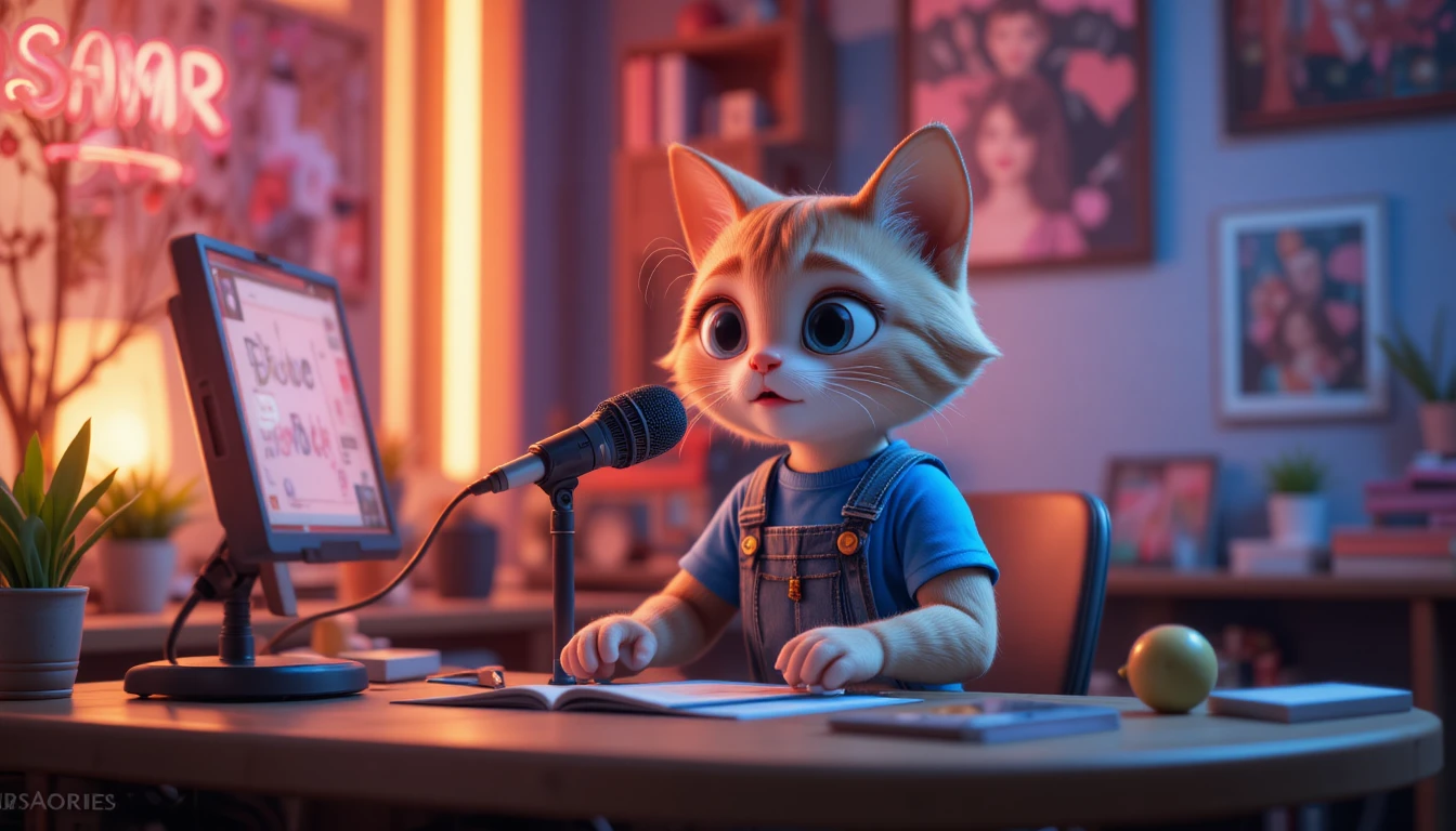 Gatinho fofo em estilo de argila fazendo ASMR em uma mesa à noite