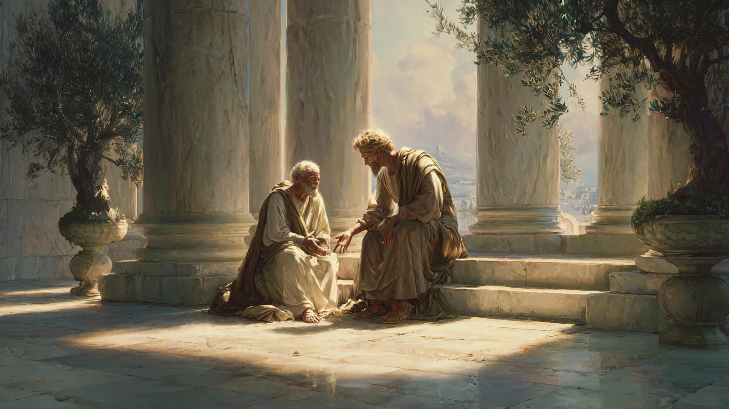 Giovane che aiuta un anziano in un tempio antico