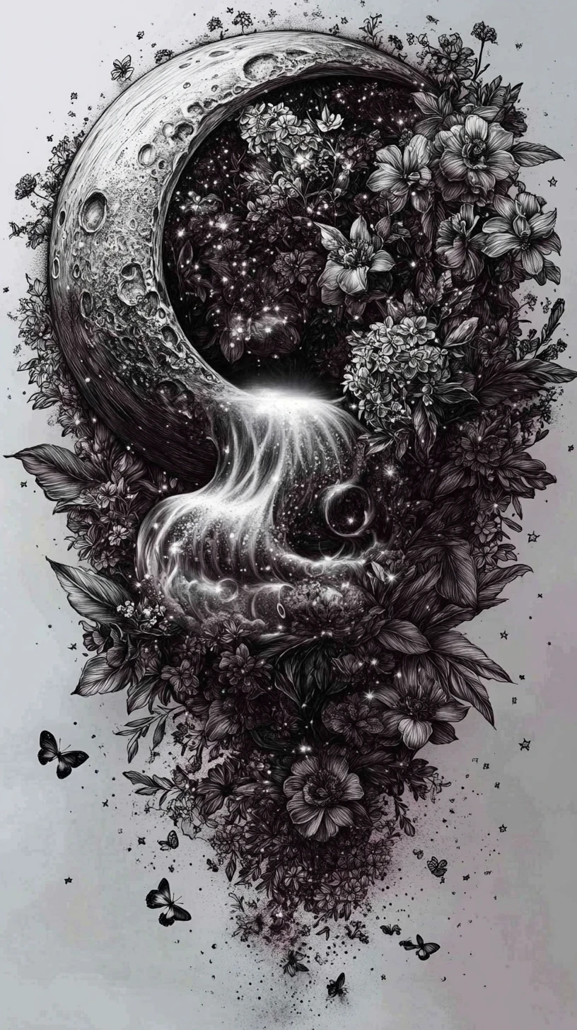 Lua crescente surreal derretendo em um desenho floral em flor