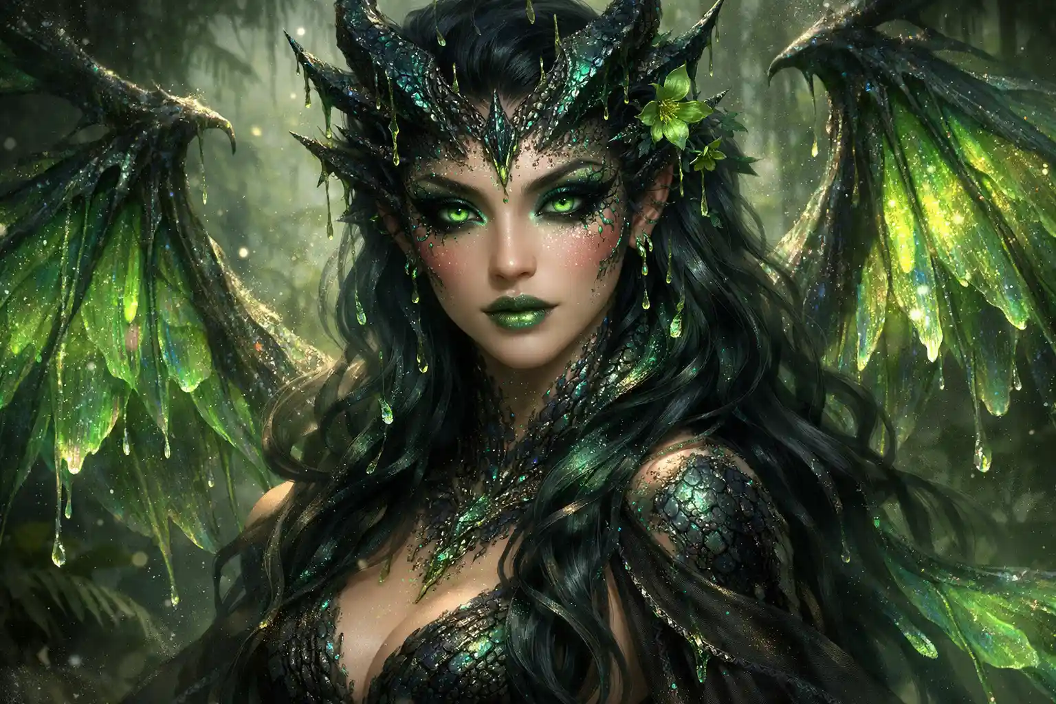 Portrait de Déesse Dragon Venimeuse à la Beauté d’Écailles Émeraude