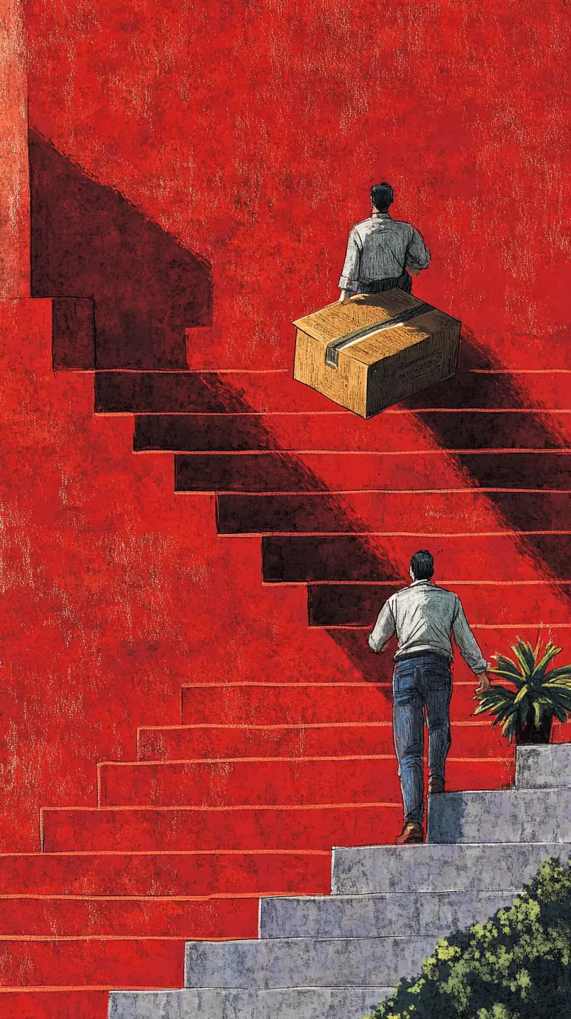 兩位搬運工人在戶外樓梯抬著一張沉重的沙發