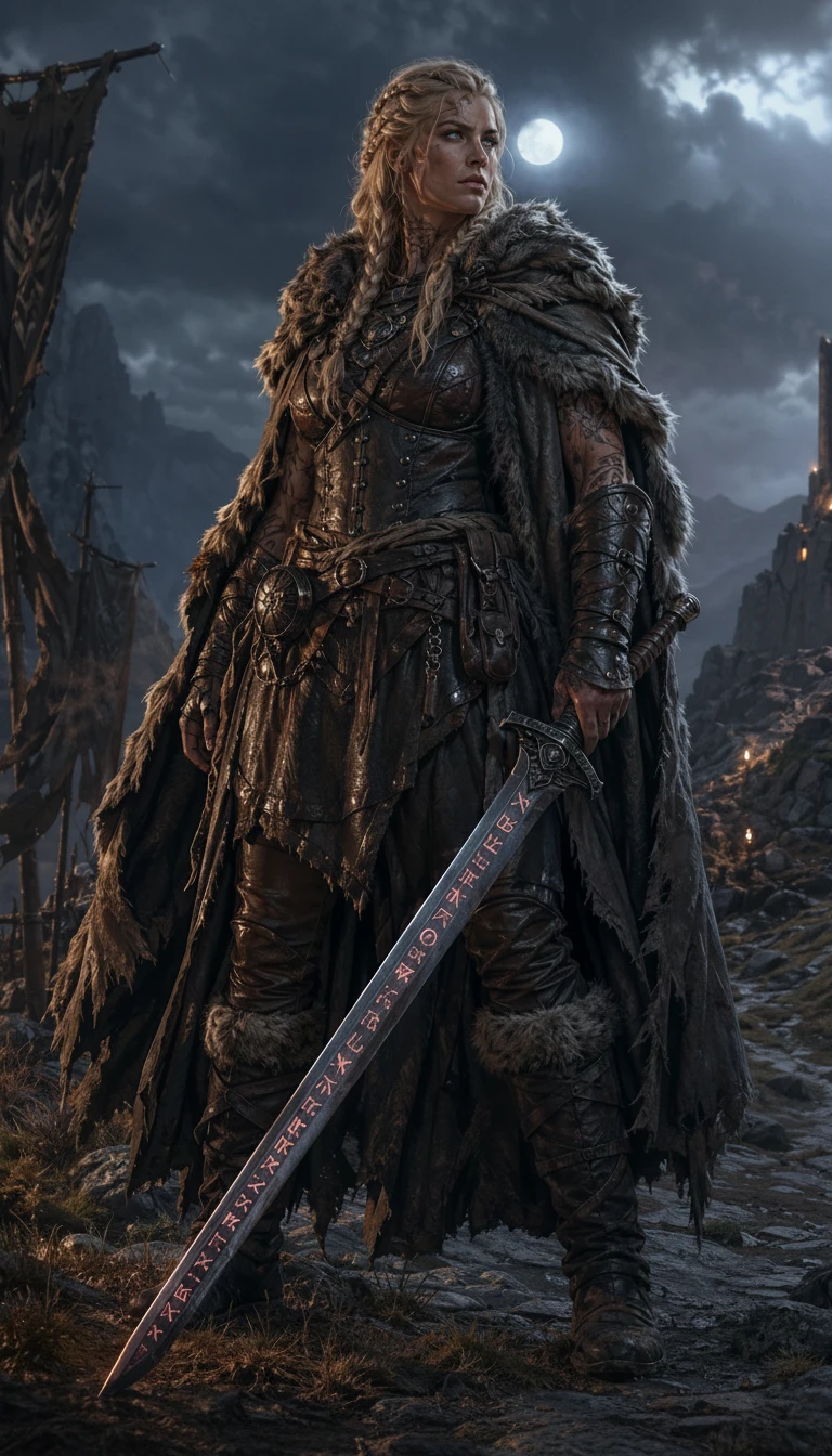 Platinum haired warrior woman in a stormy mountain pass