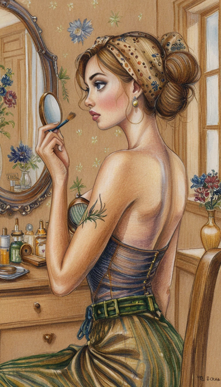 Pin-up blonde appliquant du rouge à lèvres devant une coiffeuse vintage