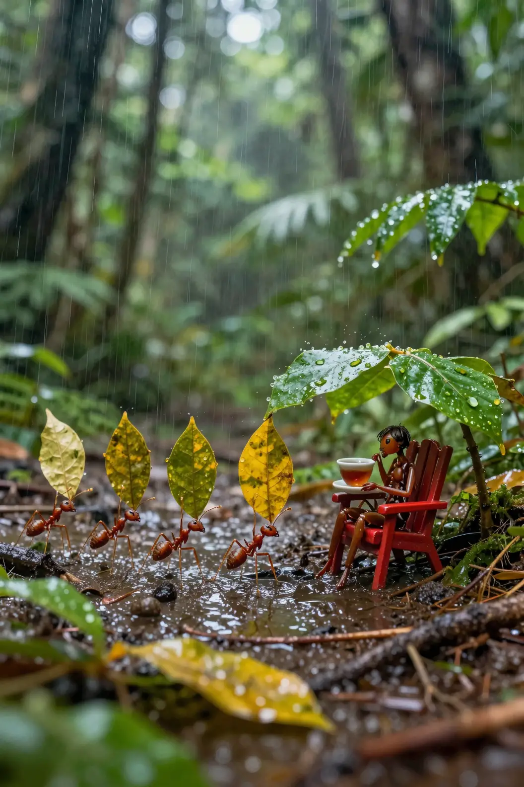 Rote Ameisen marschieren über einen regennassen Regenwaldboden
