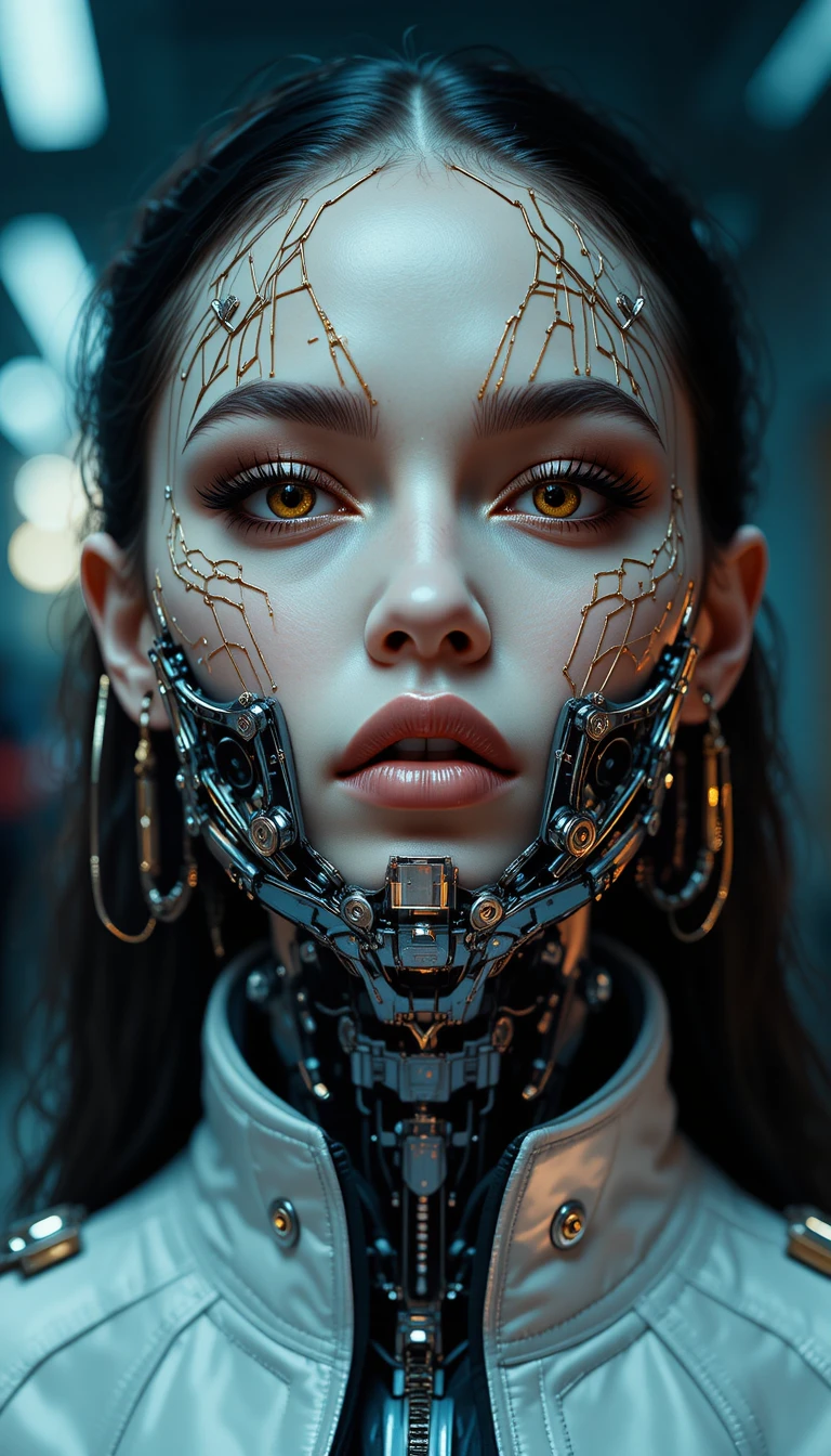 Donna cyborg cyberpunk con mascella cromata e occhi color ambra