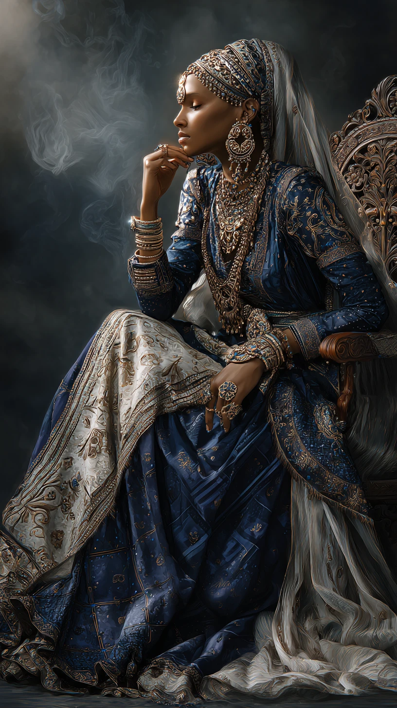 Elegante mulher árabe em traje cerimonial tradicional ornamentado