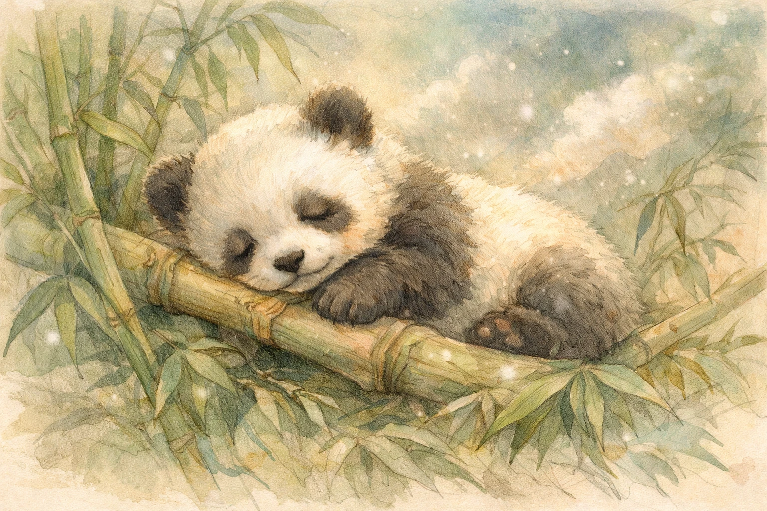 Schläfriges Panda-Baby, das in weichem Aquarellbambus ruht