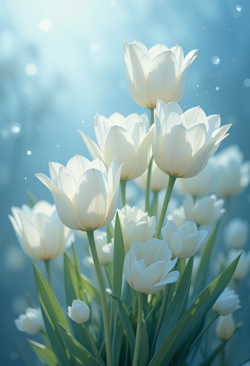 Ätherischer Strauß weißer Tulpen im nebligen blauen Traum