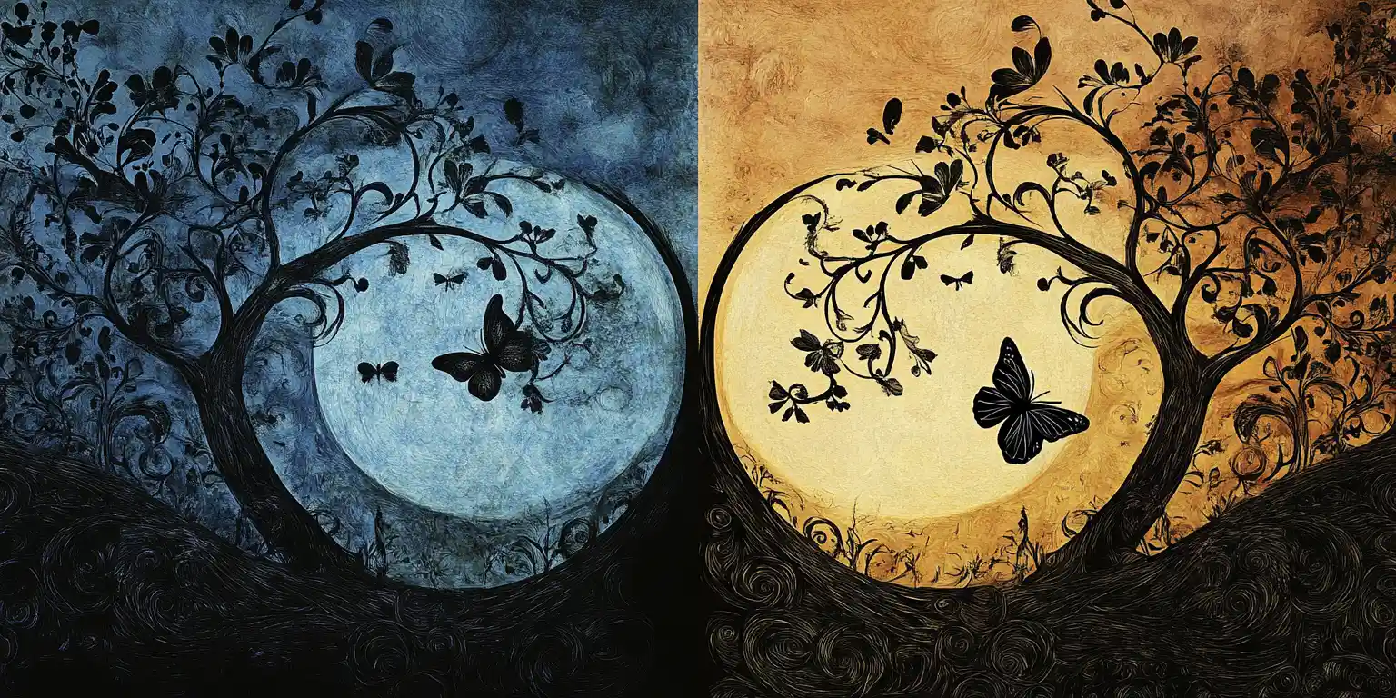 Dittico di una foresta mistica che vortica attorno a un chiaro di luna splendente