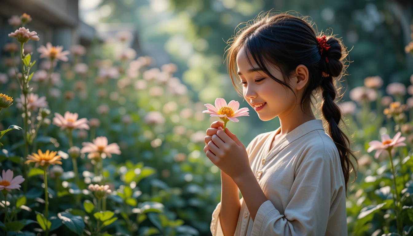 Young village girl smelling a flower in sunlight