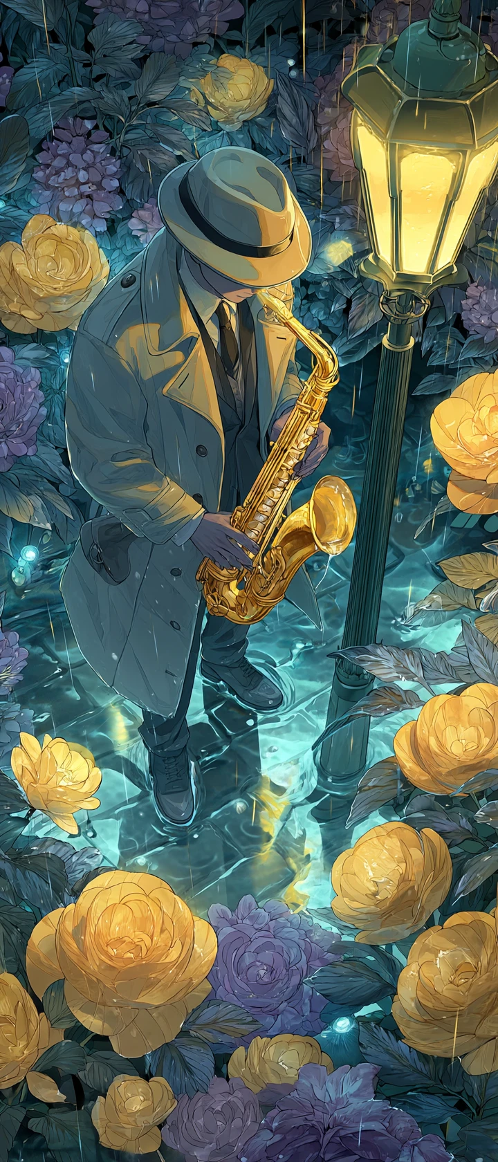 Saxofonista em estilo anime tocando em rua urbana chuvosa à meia-noite