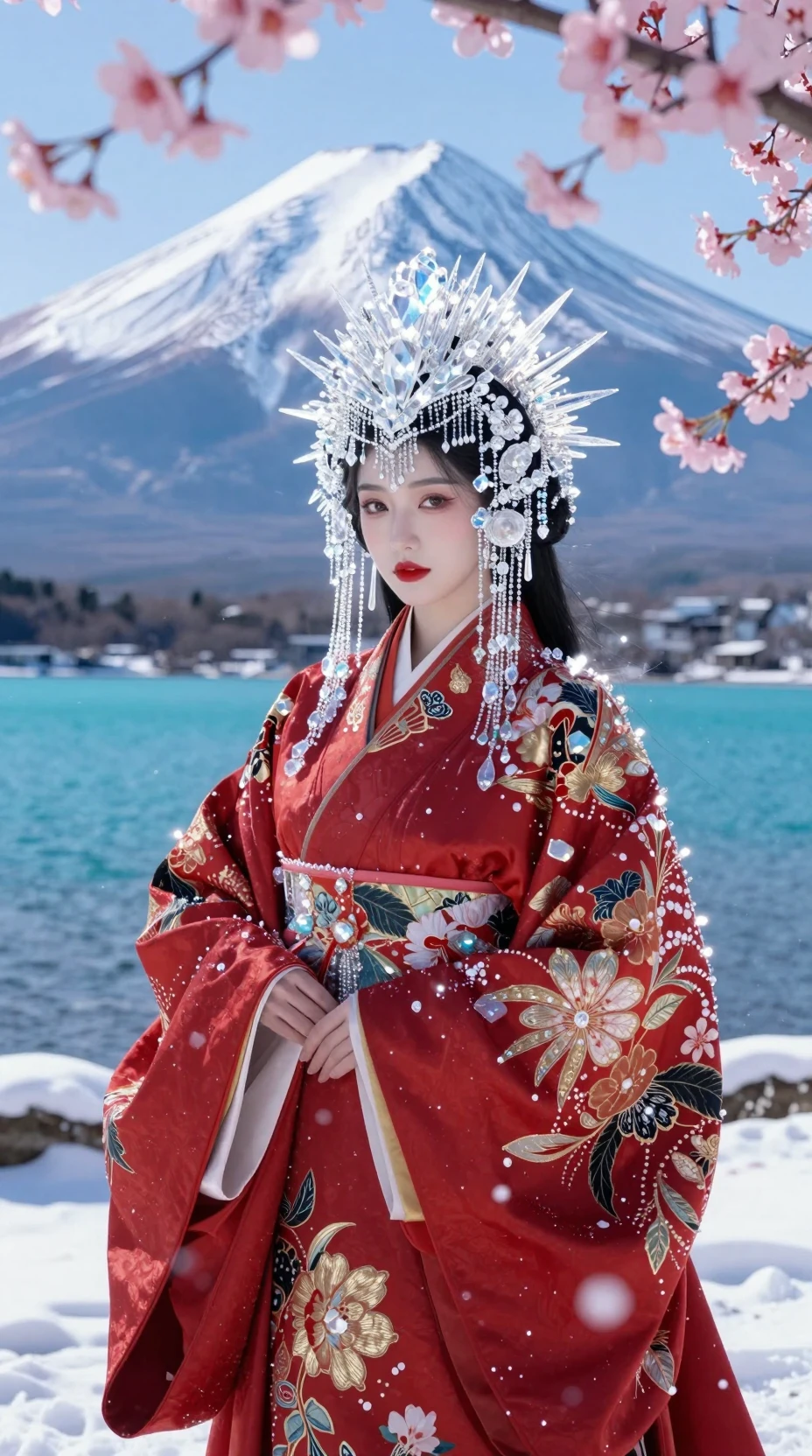 Erhabene Frau im roten Kimono im fallenden Schnee