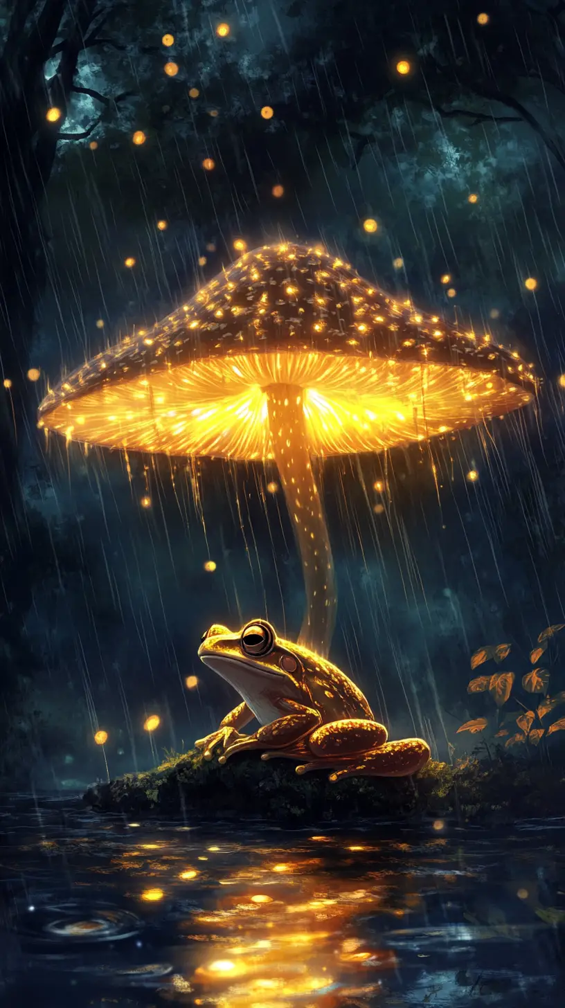 雨中魔幻森林裡發光蘑菇下的青蛙
