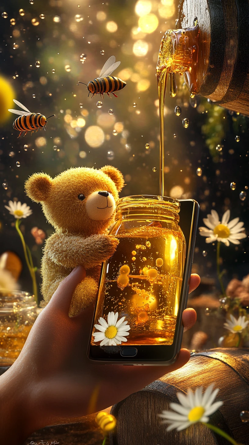 3D 곰인형과 꿀 장면이 보이는 스마트폰을 들고 있는 손