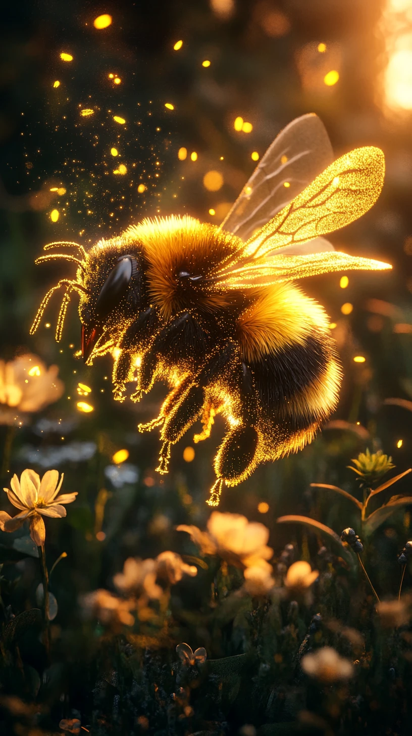Fluffy bee glowing with pollen in a dark enchanted scene