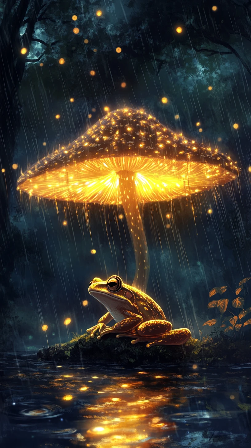 Frog Under Glowing Mushroom In Rainy Enchanted Forest