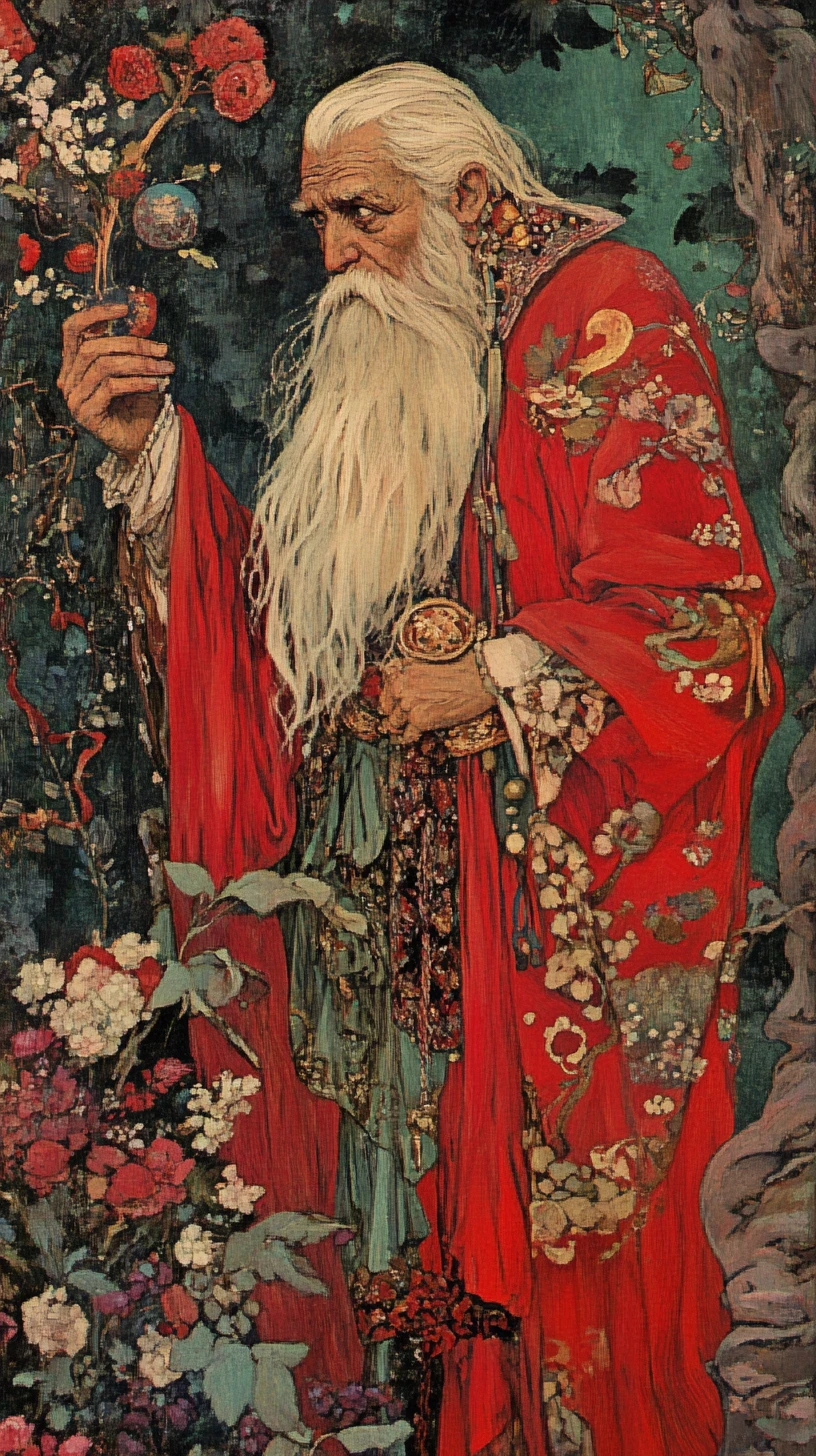 Figure mitiche delle fiabe russe in scena fantasy puntinista