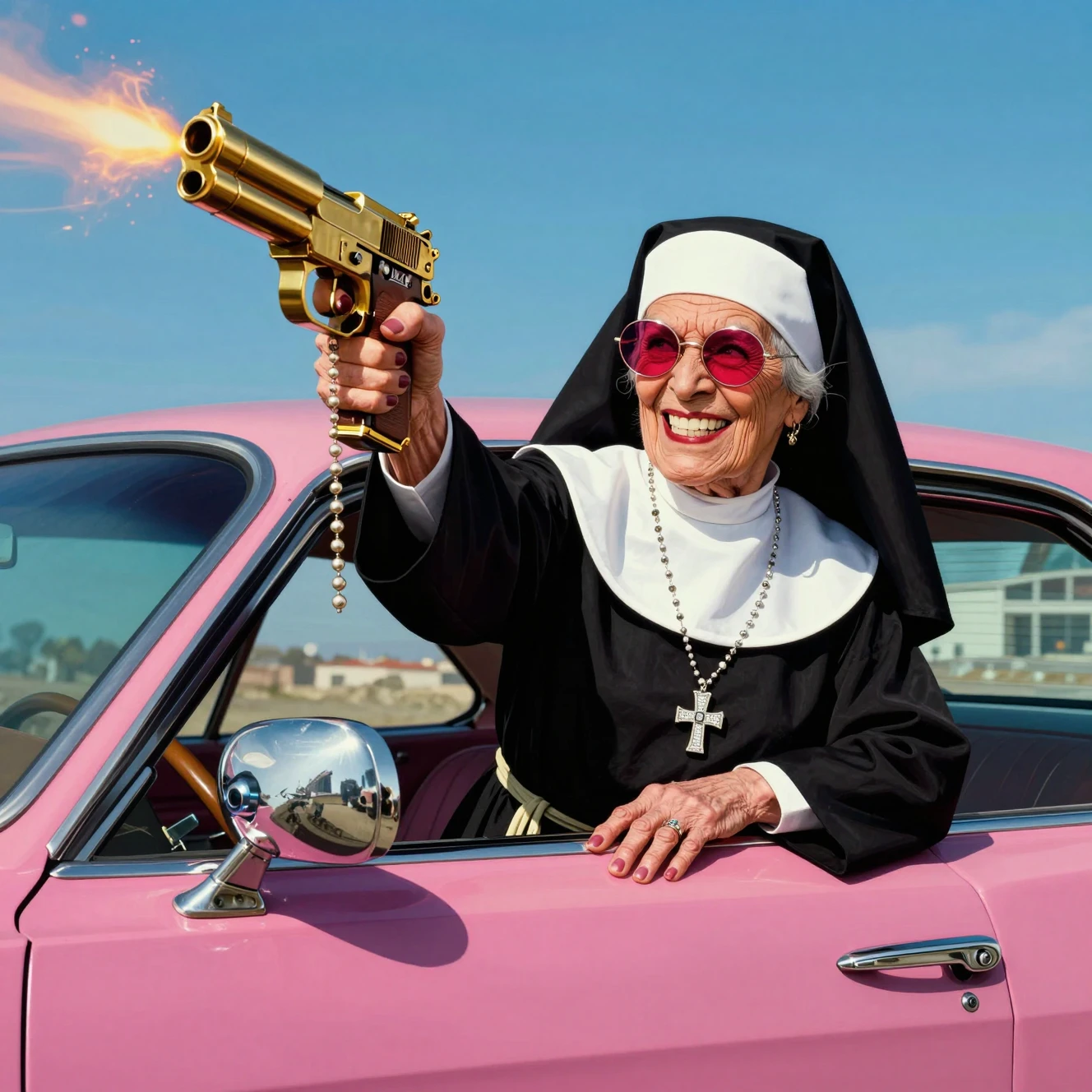 Nonne rebelle tirant avec un pistolet doré depuis la fenêtre d’un lowrider