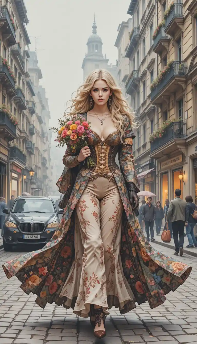 Blonde girl with floral cloak gliding along city street